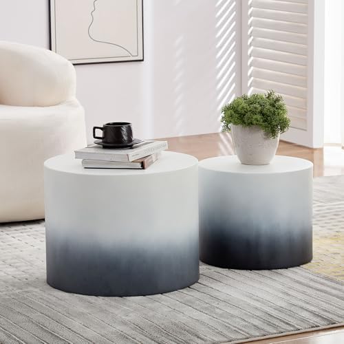 18.9" Gradient Color Nesting Coffee Table Set of 2 for Living Room, Modern Round Coffee Tables Accent Circle Tea Table Set for Small Space, No Assembling, White + Blue