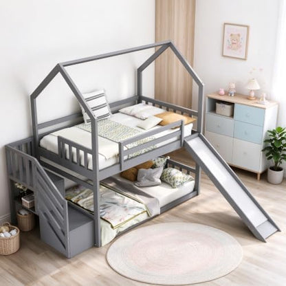 RuiSiSi Twin Over Twin Bunk Bed with Slide, Wood House Bunk Bed Frame with Staircase and Storage Shelves for Boys Girls, No Box Spring Needed, Nosie Free, Grey