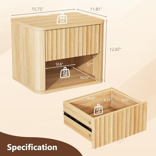 VINGLI Floating Nightstand, Fluted Night Stand Rounded Edge, 1 Drawer Bed Side Table, Storage Oak Nightstand with Drawers, Wood Night Stand End Table for Bedroom, 15.75" W x 11.81" D x12.87 H