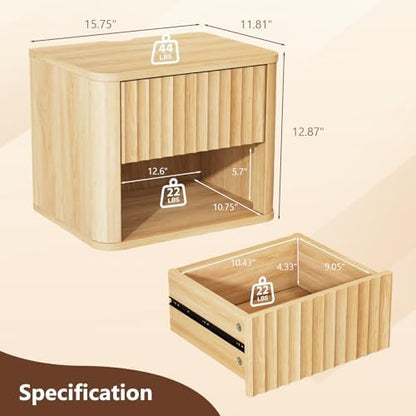 VINGLI Floating Nightstand, Fluted Night Stand Rounded Edge, 1 Drawer Bed Side Table, Storage Oak Nightstand with Drawers, Wood Night Stand End Table for Bedroom, 15.75" W x 11.81" D x12.87 H