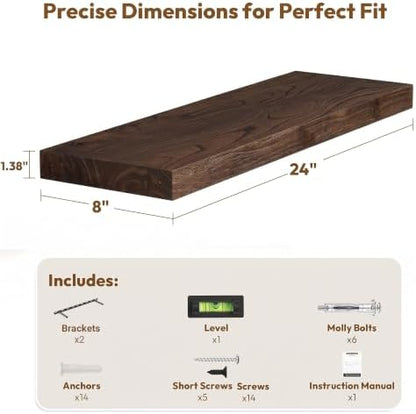 Elm Wood Floating Shelf 24x8” Set of 2, Dark Walnut