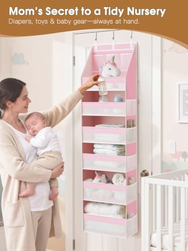 2 Pack Over the Door Organizer, 6-Shelf Closet Hanging Storage with 13 Mesh Pockets, 55lbs Capacity Behind the Door Storage for Baby Nursery, Bathroom, Bedroom, and Dorm, Pink