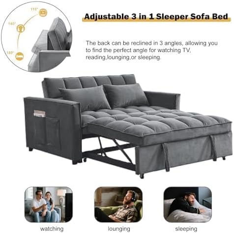 3 in 1 Convertible Sofa Bed, Love Seat Sleeper Bed with Side Pockets, Velvet Fabric Pull Out Couch with Adjustable Backrest for Living Room, Bedroom, Gray Apartment, Gray