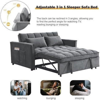 54'' Sleeper Sofa Bed, Convertible Pull Out Couch Futon with Side Pockets, Velvet Loveseat Sofa Bed with Adjustable Backrest, Armrest Pillows for Living Room Dorm Apartment, Dark Gray