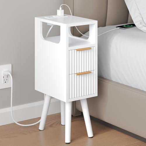 Narrow Side Table with Charging Station, Skinny Fluted Nightstand, White