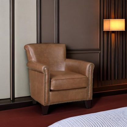Lexicon 100% Top Grain Genuine Leather Chair, Leather Accent Chairs for Living Room, Solid Wood Frame, Rolled Armrest & Nailhead Trim, Comfy Reading for Bedroom, Office, Waiting Room, Brown