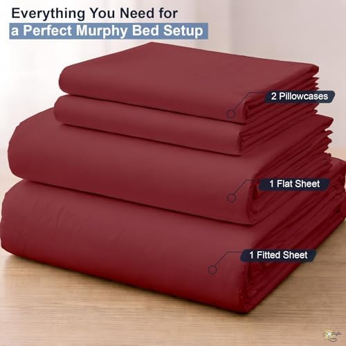 Cottington Lane Burgundy Sheets for Murphy Bed Mattress, 4 Piece Premium Ultra Soft Brushed Microfiber California King Size Wall Bed Sheet Set, 6-10 Inch Deep Pocket with All-Around Elastic