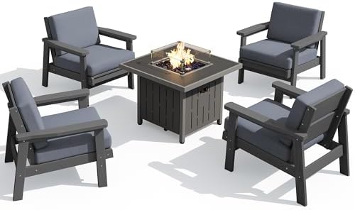 SERWALL HDPE Patio Furniture Set with 33” Square Fire Pit Table