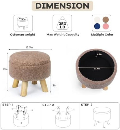 OGEMXU Ottoman Foot Rest, Small Round Ottoman with Storage, Boucle Teddy Velvet Footstool with Wood Legs, Soft Sponge Storage Ottoman for Living Room, Bedroom, Couch, Enterway (Camel Brown)