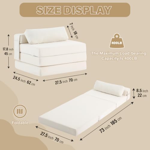 Tiita Folding Sofa Bed Chair, 4-Fold Convertible Sleeper Chair with Lumbar Pillow, Washable Cover & Side Pocket, Floor Couch Bed with Raised Seat, Single Size for Small Spaces, Beige