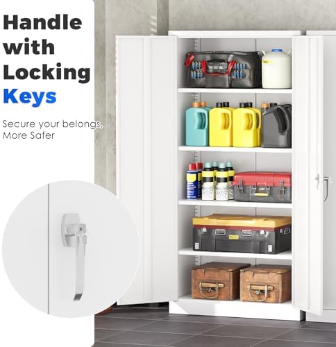 INTERGREAT Metal Storage Cabinet with Lock, 72" Office Storage Cabinet with Locking Doors and 4 Adjustable Shelves, White Lockable Steel Cabinet for Home Office, School
