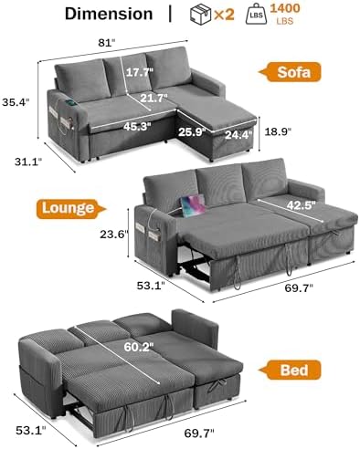 Vipbear 80" Sectional Sleeper Sofa Bed with Pull Out Bed, L Shaped Couch Pull Out Couch with Reclining Backrest, Reversible Storage Chaise, USB Ports, Tool-Free Assembly, Corduroy Dark Grey