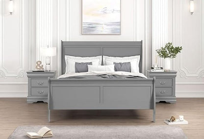 First of a Kind Louis Philippe Traditional Queen Size Bedroom Set 5 Piece Sleigh Design in Gray Finish - Elegant Modern Classic Solid Wood Bedroom Furniture Set