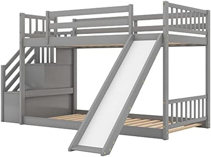 Twin Over Twin Bunk Bed with Slide and for Storage Staircase for Teens, Boys or Girls, No Box Sping Needed