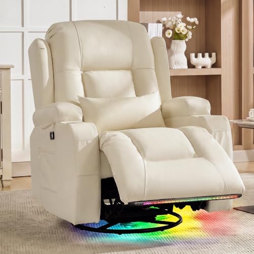 URRED Swivel Rocker Recliner Chair with LED Ambient Lights for Adults，Ivory