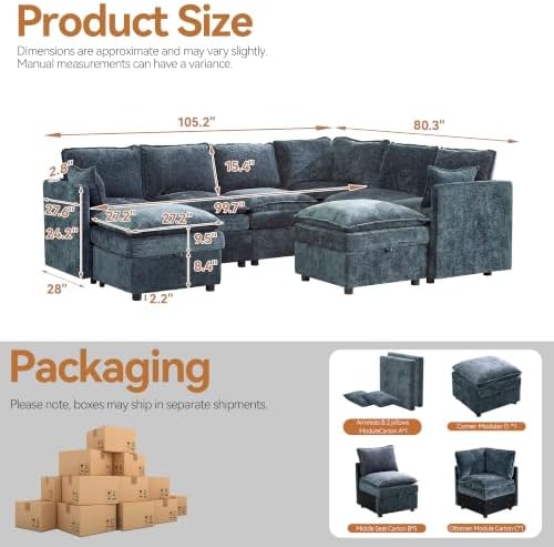 Modular Sectional Storage Sofa, 105" Cloud Deep Seat V-Shaped Couch, Blue