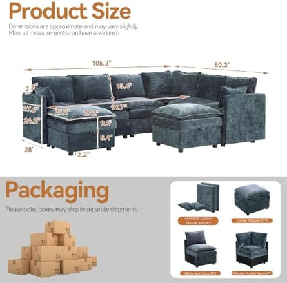 Modular Sectional Storage Sofa, 105" Cloud Deep Seat V-Shaped Couch, Blue