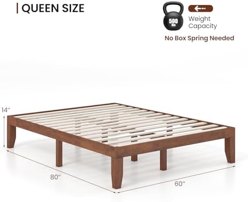 KOMFOTT 14 Inches Wood Platform Bed Frame Queen Size, Wooden Mattress Foundation with Rubber Wood Frame, Strong Wooden Slat Support, No Box Spring Needed, Bed Frame (Brown Cherry)