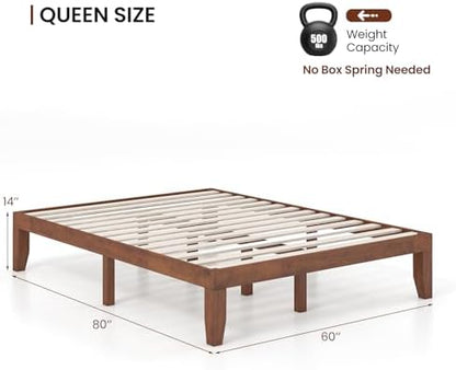 KOMFOTT 14 Inches Wood Platform Bed Frame Queen Size, Wooden Mattress Foundation with Rubber Wood Frame, Strong Wooden Slat Support, No Box Spring Needed, Bed Frame (Brown Cherry)