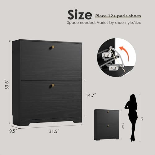 Nicetree Shoe Storage Cabinet with 2 Flip Drawer, Narrow Slim 2-Tier Shoe Organizer, Shoe Cabinet Storage for Entryway with Top Shelf and Hooks, Freestanding Wooden Shoe Rack, Black