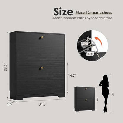 Nicetree Shoe Storage Cabinet with 2 Flip Drawer, Narrow Slim 2-Tier Shoe Organizer, Shoe Cabinet Storage for Entryway with Top Shelf and Hooks, Freestanding Wooden Shoe Rack, Black