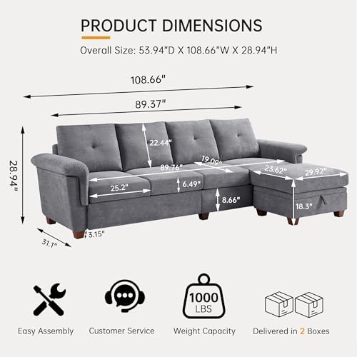 108'' L Shape Sectional Sofa, 4 Seat Fabric Couch for Living Room