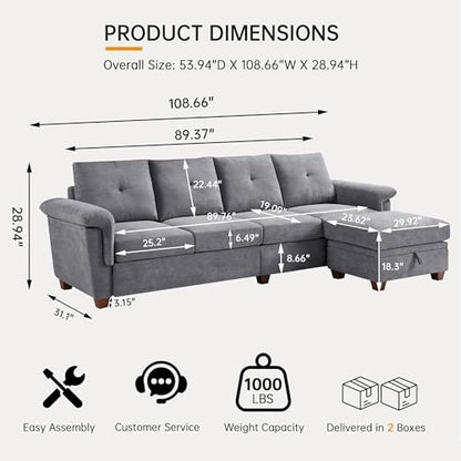 108'' L Shape Sectional Sofa, 4 Seat Fabric Couch for Living Room