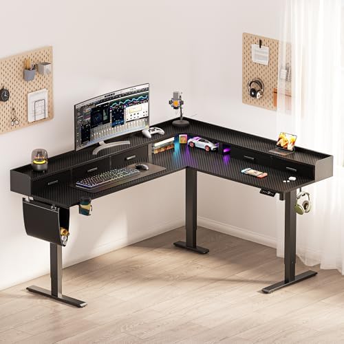 WALKINGDESK 75 Inches Height Adjustable L Shaped Standing Desk with 5 Drawers and Monitor Shelf, Electric Sit to Stand Home Office Computer Table, Ergonomic Corner Gaming Desk, Black