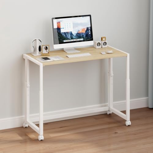 JSB 33.2" Folding Adjustable Desk for Small Spaces,Mobile Portable Rolling Laptop PC Table on Wheels,Foldable Computer Desk for Home Office,Bedroom,Space Saving，White：33.2 Inches