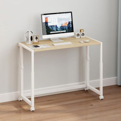 JSB 33.2" Folding Adjustable Desk for Small Spaces,Mobile Portable Rolling Laptop PC Table on Wheels,Foldable Computer Desk for Home Office,Bedroom,Space Saving，White：33.2 Inches