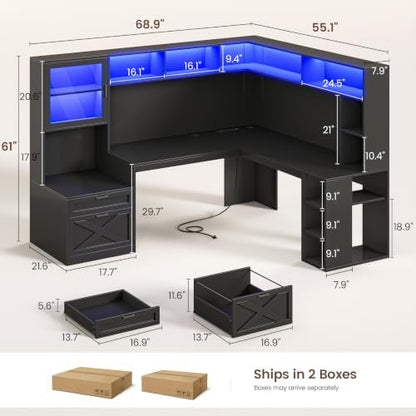 SEDETA 68" Farmhouse L Shaped Computer Desk with Hutch, Storage Drawers