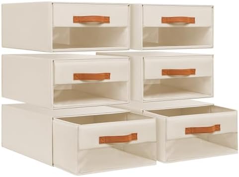 DIMJ Closet Organizers and Storage - Foldable Storage Bins with Drawers Fabric Stackable Storage Drawers with Clear Window,Fabric Clothes Organizers and Storage Drawers for Closet, 6-Pack, Beige