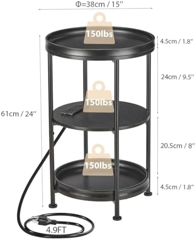 Dulcii Round Side Table with Charging Station, 24'' End Table with 3 Shelves for Living Room, Bedroom Nightstand with Steel Frame for Small Spaces, Industrial Round Sofa Table (USB+Black)
