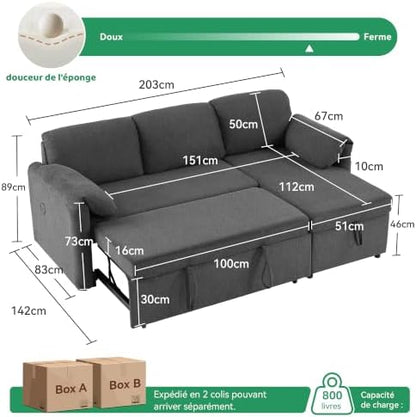 Tbfit 80" Sofa Bed, Pull Out Sleeper Sofa with USB & Storage Chaise for Small-Space Living, Dark Gray