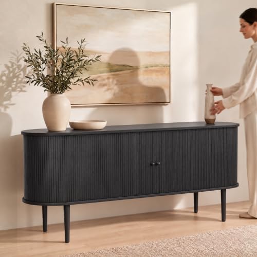 71'' Fluted Sideboard Buffet Cabinet with Sliding Doors and Adjustable Shelves for Dining Room, Living Room, Entryway. Mid Century Modern Fluted Cabinet with Storage (Black Oak)
