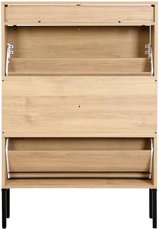 XIAO WEI Shoe Cabinet, Natural Semi Circle Rattan Shoe Storage Organizer Cabinet with 2 Flip Drawers, Freestanding Shoe Rack with Adjustable Shelf for Entryway (Large Size)