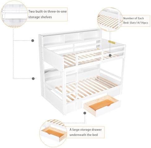 Twin Over Twin Bunk Bed with Built-in Shelves Beside Both Upper and Down Bed and Storage Drawer, Twin Size Wooden Bunk Bed with Guardrails and Ladder