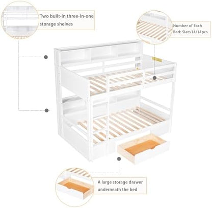 Twin Over Twin Bunk Bed with Built-in Shelves Beside Both Upper and Down Bed and Storage Drawer, Twin Size Wooden Bunk Bed with Guardrails and Ladder