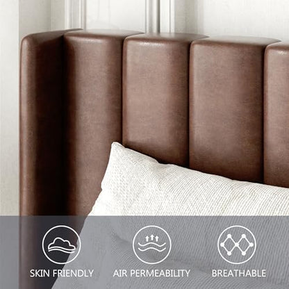Gruwans Queen Size Bed Frame with Upholstered Wingback Headboard, Easy Assemnly Platform Bed, Wooden Slat Support No Box Spring Needed, Dark Brown Leather