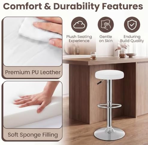 GIANTEX Bar Stool Set of 1, Adjustable Height PU Leather Bar Chair with Swivel Padded Seat, Footrest & Anti-Slip Base, Modern Backless Barstool for Kitchen, Pub Dining Room, Breakfast, Warm White