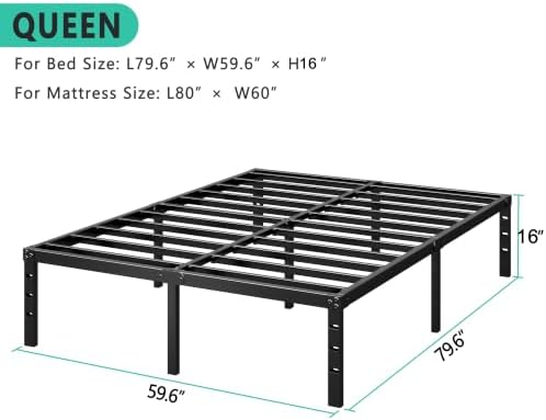 HLIPHA Metal Platform Bed Frame 16 Inch Tall,No Box Spring Needed,Queen Size Bed with Heavy Duty Strong Support Slats,Easy to Assemble,Black