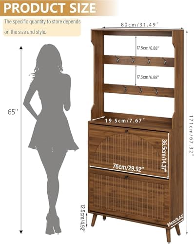 67.3'' Tall Shoe Cabinet with Coat Rack, Narrow Shoe Storage Cabinet with 2 Flip Drawers, 2-in-1 Hall Tree Slim Freestanding Shoe Rack Organizer for Entryway (Walnut, 2 Drawers- 67.32''H)