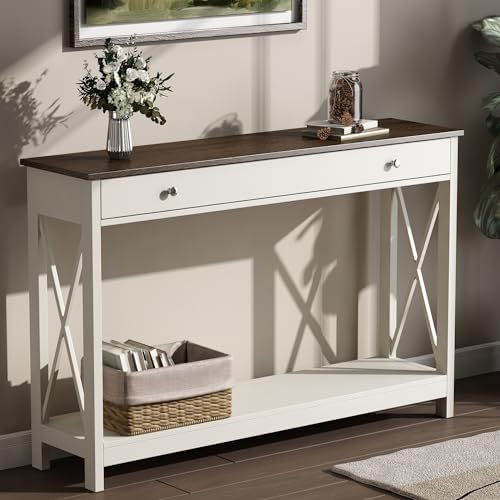 Treocho 47" Farmhouse Console Table with Drawer and Storage Shelves, Foyer Sofa Table Narrow for Entryway, Living Room, Hallway, Antique White & Brown