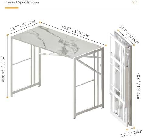 Lutown-Teen 40 inch Folding Computer Desk, White Marble