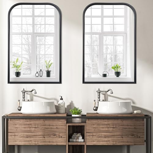 Arch Wall Mirror for Wall Mounted, Tempered Glass, Wood Grain Finish Frame Wall Mirror Decorative for Bedroom Living Room Vanity Mirror (Black, 36" L x 24" W)