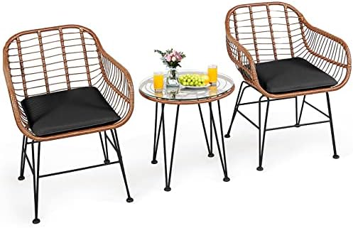 Tangkula 3 Pieces Patio Conversation Bistro Set, Outdoor Wicker Furniture w/Round Tempered Glass Top Table & 2 Rattan Armchairs, Bistro Chat Set w/Seat Cushions for Porch, Backyard, Garden