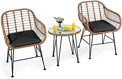 Tangkula 3 Pieces Patio Conversation Bistro Set, Outdoor Wicker Furniture w/Round Tempered Glass Top Table & 2 Rattan Armchairs, Bistro Chat Set w/Seat Cushions for Porch, Backyard, Garden