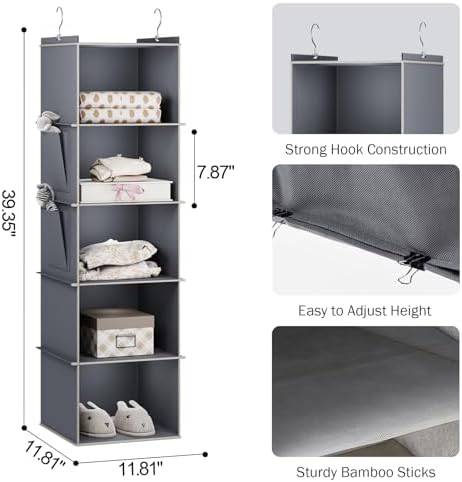 YOUDENOVA Hanging Closet Organizer and Storage for Clothes, 5-Shelf, Grey