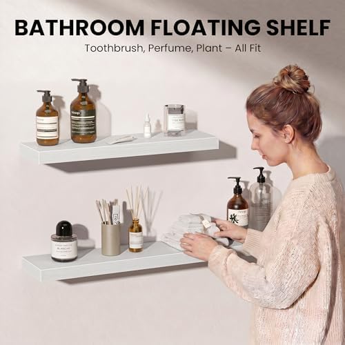 Floating Shelves for Wall, 30 Inch Set of 2 Rustic Wood Wall Shelves with Invisible Brackets, Heavy Duty Storage Display for Living Room Bedroom Kitchen, White