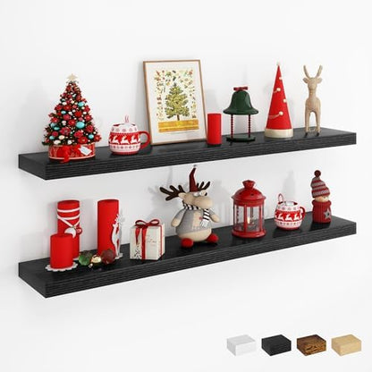 Dreamland 40Inch Floating Shelves for Wall, Rustic Wooden Black Floating Shelves for Living Room, Kitchen, Farmhouse, Deep Wall Mounted Book Shelf, Wood Storage Display Shelf for Home Decor, Set of 2